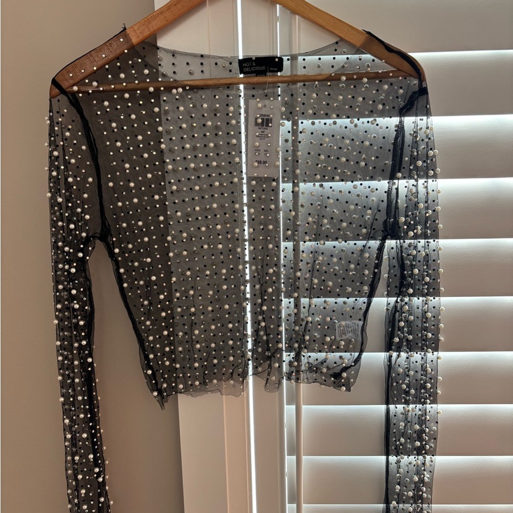 Sheer Black Pearl-Embellished Top